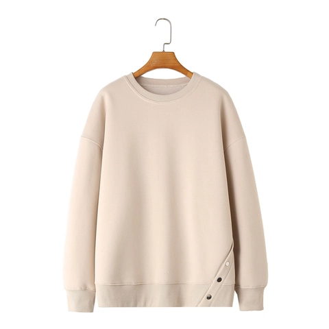 Women's Y2K Oversized Crew Neck Sweatshirt Long Sleeve Pullover With Slanted Button Hem Fleece Lined Solid Color Top
