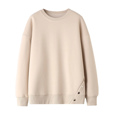 Women's Y2K Oversized Crew Neck Sweatshirt Long Sleeve Pullover With Slanted Button Hem Fleece Lined Solid Color Top