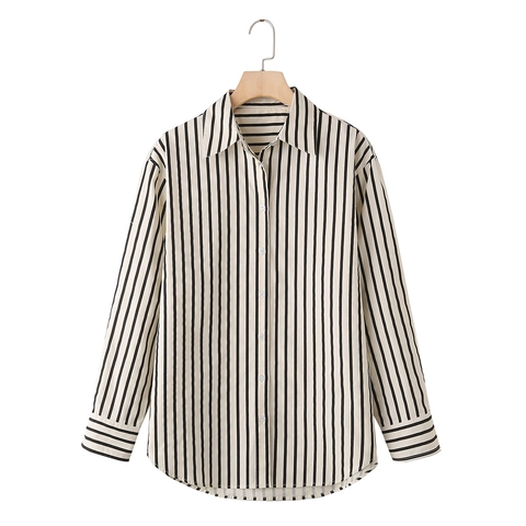 Chemise à Manches Longues à Rayures Verticales Vintage Y2K pour Femmes Chemisier Décontracté à Revers et Boutons Streetwear Hauts de Printemps et d'Automne