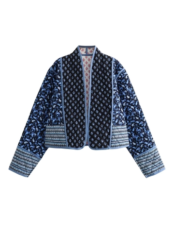 Damen Bohemian Gesteppte Jacke Vintage Paisley Blumenmuster Patchwork Vorne Offen Kurz Wattierter Mantel Retro Streetwear Jacke
