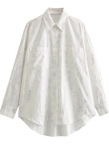Camisa Blanca Oversize Mujer Y2K Estampado Marmolado Metálico Plateado Manga Larga Blusa con Bolsillos Top Casual