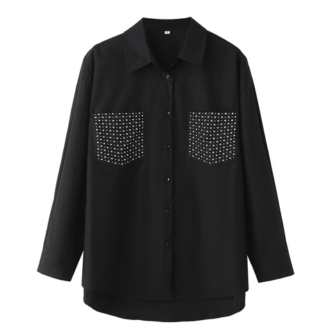 Camicia in Popeline Larga da Donna Stile Street Y2K Tasca con Rivetti Manica Lunga Abbottonata Revers Camicetta Casual