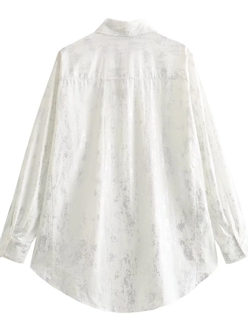 Camisa Blanca Oversize Mujer Y2K Estampado Marmolado Metálico Plateado Manga Larga Blusa con Bolsillos Top Casual