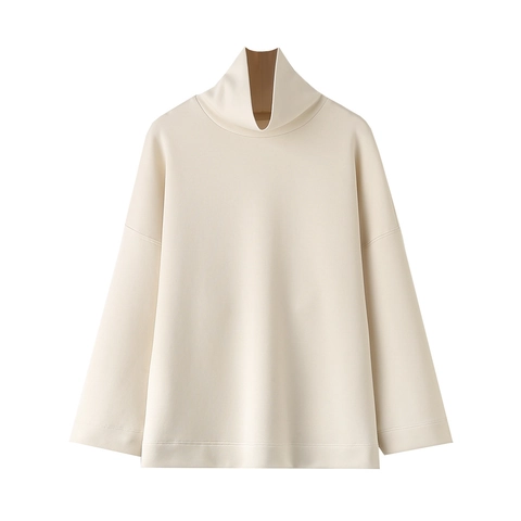 Women Casual Loose Sweatshirt High Neck Drop Shoulder Long Sleeve Polyester Cotton Blend Y2K Streetwear Solid Color Top