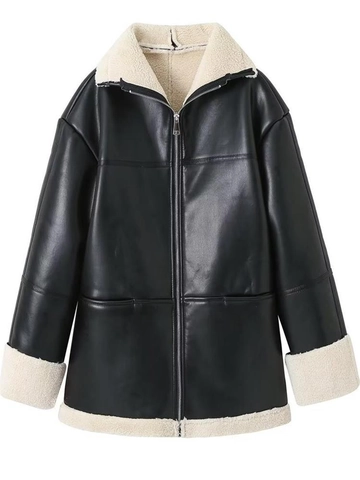 Damen Y2K PU-Leder Lammfelljacke Warm Sherpa Gefüttert Oversized Biker Mantel Mit Reißverschlusstaschen Oberbekleidung