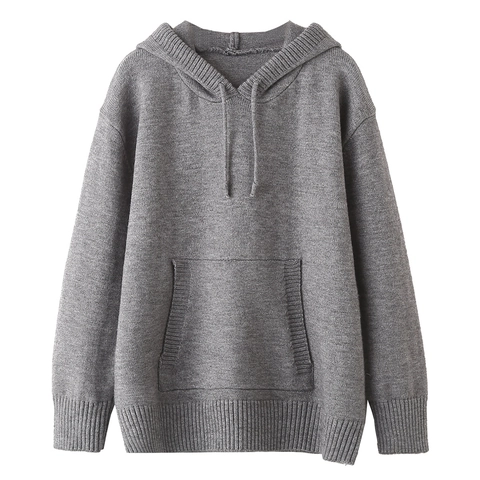 Women Vintage Oversized Knit Hoodie Solid Grey Sheep Cashmere Pullover Loose Long Sleeve Drawstring Sweatshirt With Pocket