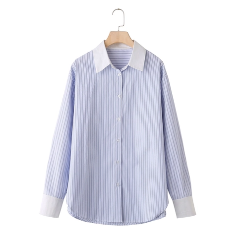 Women Y2K Striped Contrast Color Long Sleeve Shirt Loose Casual Blouse With White Collar Cuffs Streetwear For Autumn