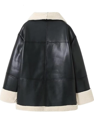 Damen Y2K PU-Leder Lammfelljacke Warm Sherpa Gefüttert Oversized Biker Mantel Mit Reißverschlusstaschen Oberbekleidung