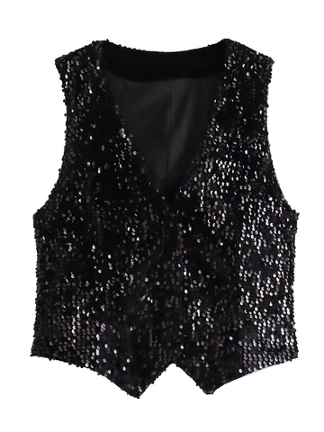 Gilet Vintage con Paillettes Nere per Donna Sexy Scollo a V Senza Maniche Corto Aderente Clubwear Top Scintillante di Paillettes