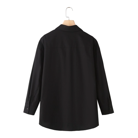 Camicia in Popeline Larga da Donna Stile Street Y2K Tasca con Rivetti Manica Lunga Abbottonata Revers Camicetta Casual
