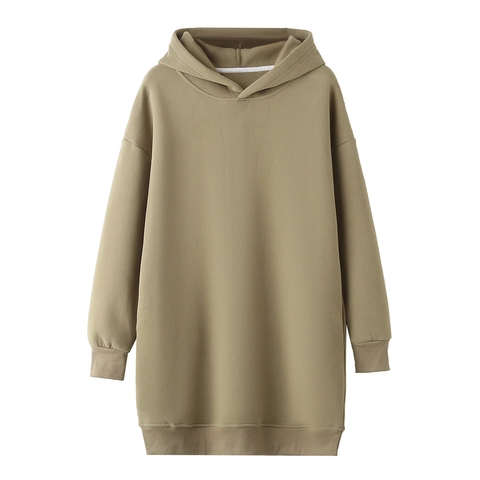 Women Y2K Oversized Hoodie Mid-long Cotton Fleece Warm Solid Color Long Sleeve Sweatshirt Casual Streetwear Hooded Top