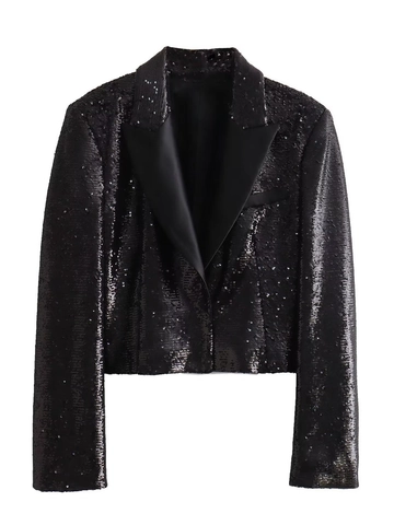 Giacca Blazer Corta con Paillettes Nere Francese Y2K Donna Revers in Raso Manica Lunga Cappotto da Sera per Feste Scintillanti
