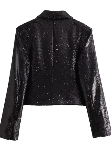 Giacca Blazer Corta con Paillettes Nere Francese Y2K Donna Revers in Raso Manica Lunga Cappotto da Sera per Feste Scintillanti