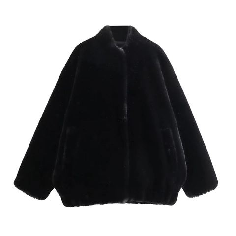 Dames Elegante Kunstbont Bomberjack Y2K Staande Kraag Effen Zwart Dik Harig Warm Streetwear Winter Polyester Jas
