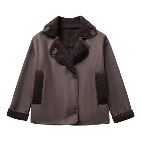 Giacca Vintage da Donna in Scamosciato Sintetico Foderata in Sherpa Y2K Larga Casual Colletto Rovesciato Marrone Inverno
