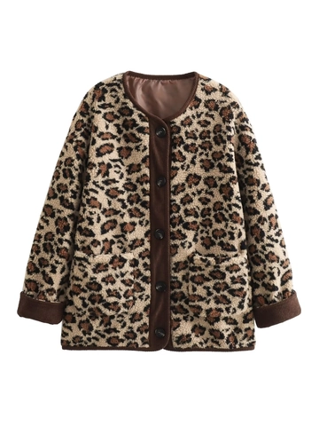 Giacca Sherpa Leopardata da Donna Vintage con Finiture in Velluto a Coste Abbottonata Pile Streetwear Casual Inverno