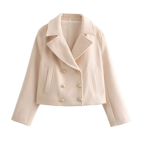 Women Short Woolen Coat Double Breasted Lapel Cropped Jacket With Gold Buttons British Style Elegant Outerwear