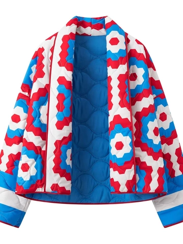 Veste Matelassée Vintage Y2K pour Femmes Imprimé Floral Géométrique Col en V Manches Longues Manteau Chaud Rembourré