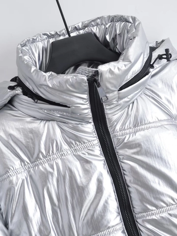 Women Y2K Metallic Silver Hooded Padded Jacket Loose Streetwear Shiny Cropped Puffer Coat Windproof Winter Outerwear