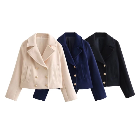 Dames Double Breasted Korte Jas Revers Slim Fit Wol Look Jack Met Gouden Leeuw Knoppen Lange Mouw Herfst Winter Bovenkleding