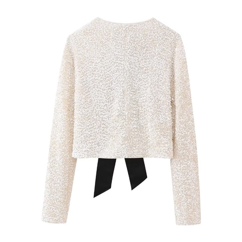 Γυναικείο Y2K Cropped Top με Πούλιες Μακρυμάνικο με Μεγάλο Μαύρο Σατέν Φιόγκο Κομψό Στενή Εφαρμογή Πάρτι Clubwear Μπλούζα