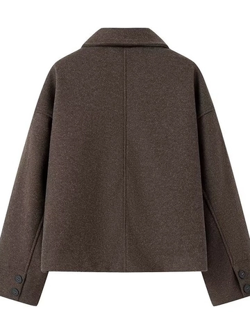 Dames Casual Faux Wollen Korte Jas Revers Enkele Rij Knoppen Ruime Streetwear Bruine Winter Warme Bovenkleding Met Zakken Jack