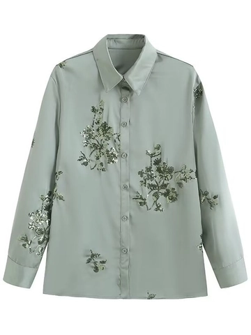 Camisa de Satén Verde Salvia Y Pantalones de Pierna Ancha Con Bordado Floral de Lentejuelas Para Mujer Estilo Y2K