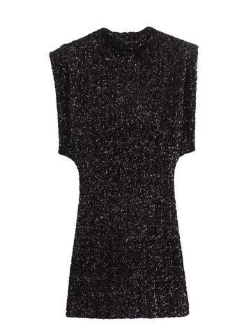 Abito Mini da Donna Senza Maniche con Paillettes e Spalline Y2K Collo Alto Aderente Sexy Party Club Vestito da Sera