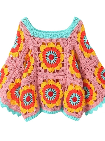 Women's Handmade Crochet Sunflower Sweater Bohemian Hollow Out Flare Sleeve Pullover Knit Top Vintage Multicolor Floral Sweater