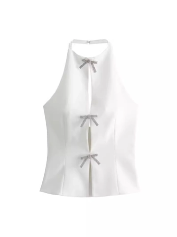 Damen Halterneck Schlanke Passform Satin Top Mit Strass Schleife Schmuck Sexy Rückenfrei Einfarbig Weiß Ärmellos Sommer Weste