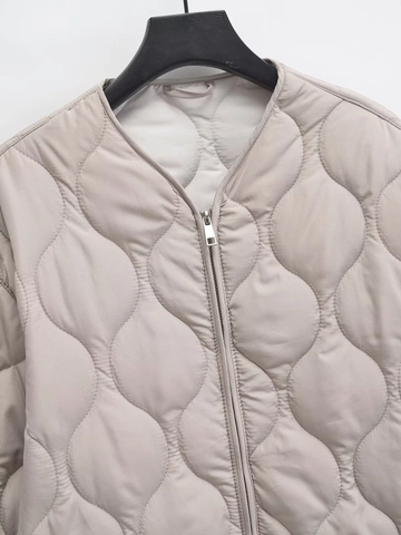 Chaqueta Acolchada Ligera para Mujer Cuello Redondo Cremallera Patrón Ondulado Abrigo Acolchado Con Bolsillos Grandes Casual Cálido Ropa de Exterior