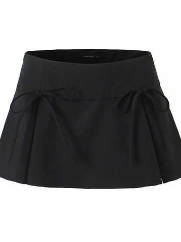 Women High Waist Bow A-Line Mini Skirt Chic Side Tie Pleated Hem Solid Color Polyester Rayon Streetwear Short Skirt