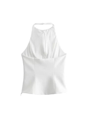 Damen Halterneck Schlanke Passform Satin Top Mit Strass Schleife Schmuck Sexy Rückenfrei Einfarbig Weiß Ärmellos Sommer Weste