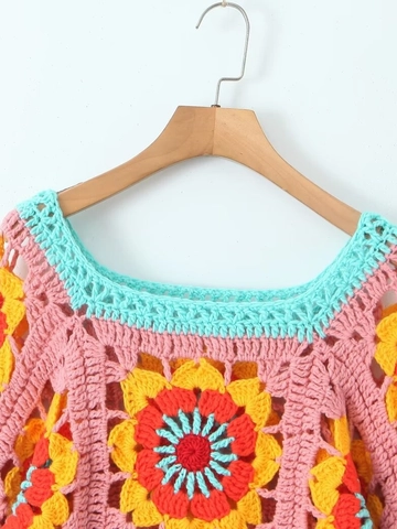 Women's Handmade Crochet Sunflower Sweater Bohemian Hollow Out Flare Sleeve Pullover Knit Top Vintage Multicolor Floral Sweater