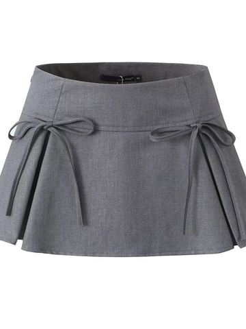 Women High Waist Bow A-Line Mini Skirt Chic Side Tie Pleated Hem Solid Color Polyester Rayon Streetwear Short Skirt
