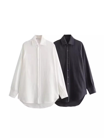 Chemise à Manches Longues en Satin pour Femme Revers Ourlet Incurvé Blouse Décontractée Couleur Unie Boutonnage Simple