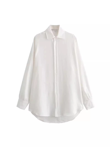 Chemise à Manches Longues en Satin pour Femme Revers Ourlet Incurvé Blouse Décontractée Couleur Unie Boutonnage Simple