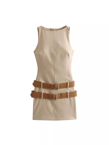 Dames Mouwloze Bodycon Mini Jurk Dubbele Bruine Riem Ronde Hals Khaki Streetwear Casual Slanke Pasvorm Vest Jurk Voor Zomer Feest