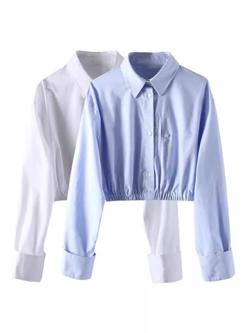 Camisa Corta de Manga Larga para Mujer Poliéster Dobladillo Elástico Solapa Abotonadura Sencilla Moda Callejera Color Sólido Blusa Casual