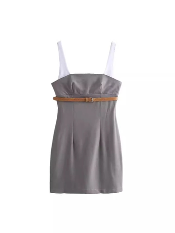 Women's Sexy Spliced Color Block Mini Dress With Belt Backless Slim Fit Sleeveless Bodycon Short Dress Streetwear
