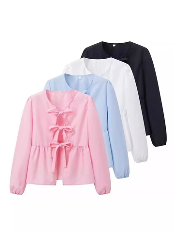 Women Casual Long Sleeve Blouse Tie Front Butterfly Bow Peplum Top Ruffle Hem Solid Color Leopard Print Blouse Shirt