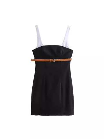 Women's Sexy Spliced Color Block Mini Dress With Belt Backless Slim Fit Sleeveless Bodycon Short Dress Streetwear