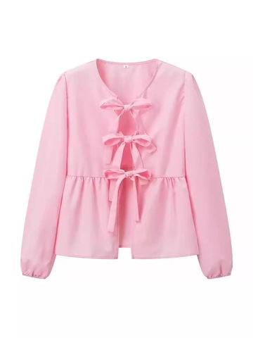 Women Casual Long Sleeve Blouse Tie Front Butterfly Bow Peplum Top Ruffle Hem Solid Color Leopard Print Blouse Shirt