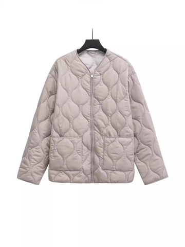 Chaqueta Acolchada Ligera para Mujer Cuello Redondo Cremallera Patrón Ondulado Abrigo Acolchado Con Bolsillos Grandes Casual Cálido Ropa de Exterior