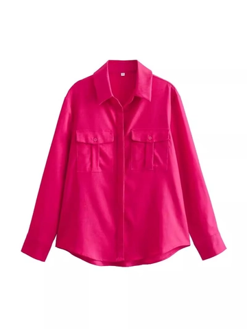 Women Casual Loose Magenta Long Sleeve Shirt With Double Chest Pockets Lapel Solid Color Button Down Streetwear Blouse Top