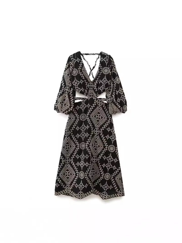 Boho Embroidered Cut Out Waist V Neck Long Sleeve Midi Dress Black White Geometric Floral Lace Up Back Cotton Holiday Dress