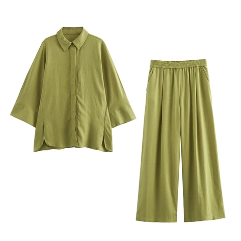 Completo Camicia Maniche Lunghe E Pantaloni Gamba Larga Donna Poliestere Texture Lino Casual Minimalista Vacanza