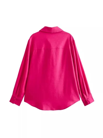 Women Casual Loose Magenta Long Sleeve Shirt With Double Chest Pockets Lapel Solid Color Button Down Streetwear Blouse Top