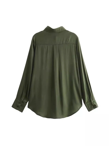 Γυναικείο Oversized Σατέν Μακρυμάνικο Πουκάμισο Ασύμμετρο Στρίφωμα Πέτο Μπλούζα Λαδί Casual Streetwear Top