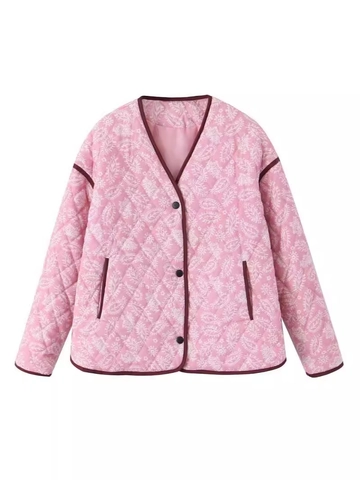 Chaqueta Acolchada Casual para Mujer Estampado de Cachemira Cuello en V Botonadura Sencilla Abrigo Acolchado Holgado Vintage Ribete en Contraste